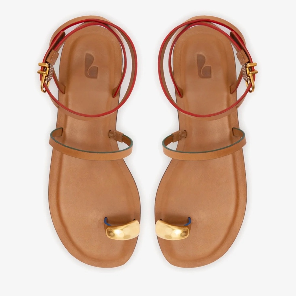 NWT Larroude Biarritz Flat Sandal In Light Caramel Leather - Picture 3 of 5